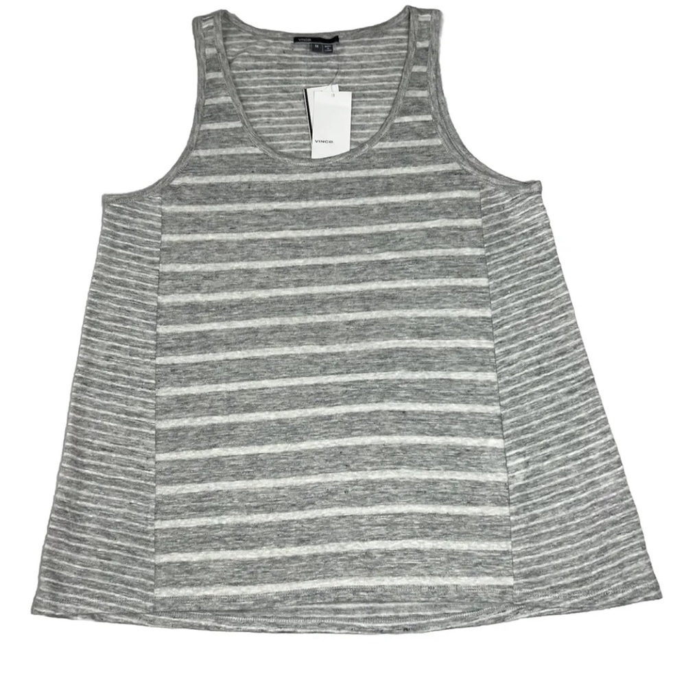 Vince. 100% Linen Tank Top Women's M Gray Striped Scoop Neck Designer NWT